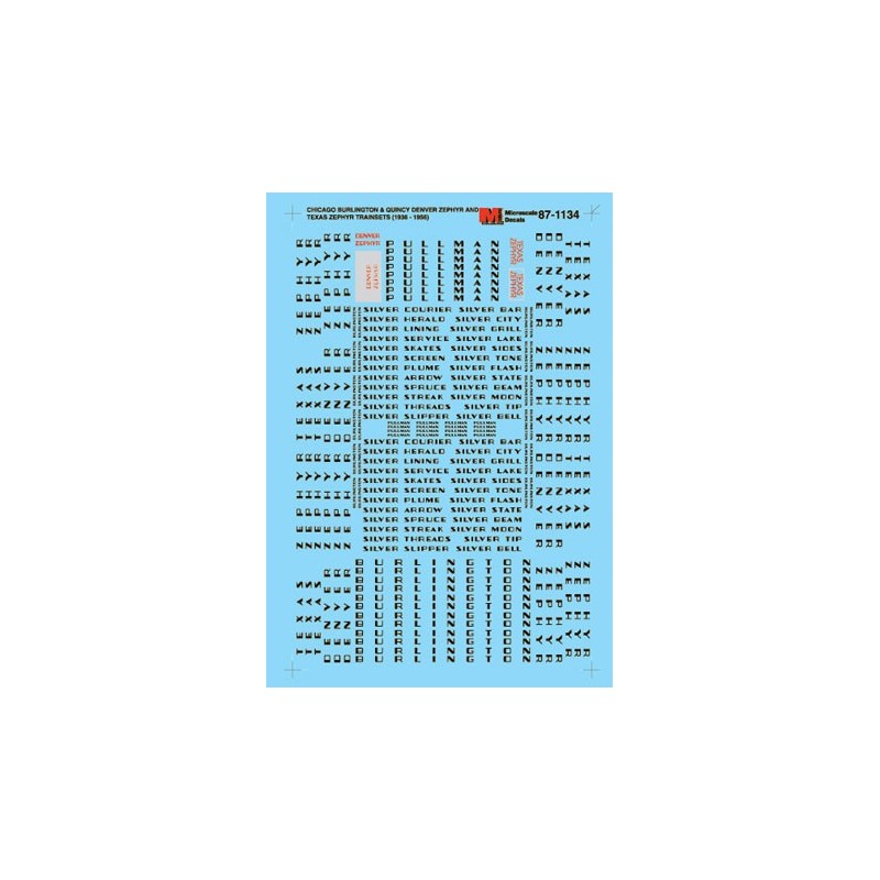 MICROSCALE DECAL 87-1134 - CHICAGO BURLINGTON & QUINCY DENVER ZEPHYR & TEXAS ZEPHYR PASSENGER CARS - HO SCALE