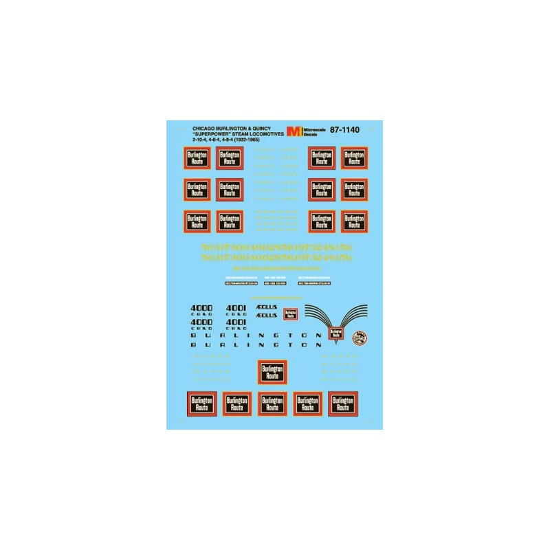 MICROSCALE DECAL 87-1140 - CHICAGO BURLINGTON & QUINCY STEAM LOCOMOTIVES - HO SCALE