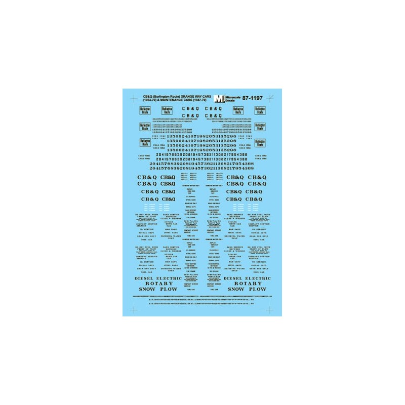 MICROSCALE DECAL 87-1197 - CHICAGO BURLINGTON & QUINCY WAY CARS & MAINTENANCE OF WAY CARS - HO SCALE