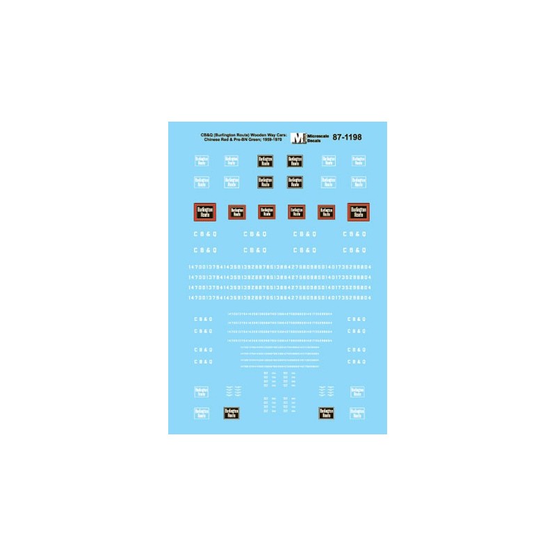 MICROSCALE DECAL 87-1198 - CHICAGO BURLINGTON & QUINCY WAY CARS - HO SCALE