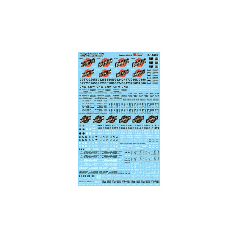 MICROSCALE DECAL 87-1366 - CHICAGO & NORTHWESTERN 50' INSULATED BOXCARS - HO SCALE