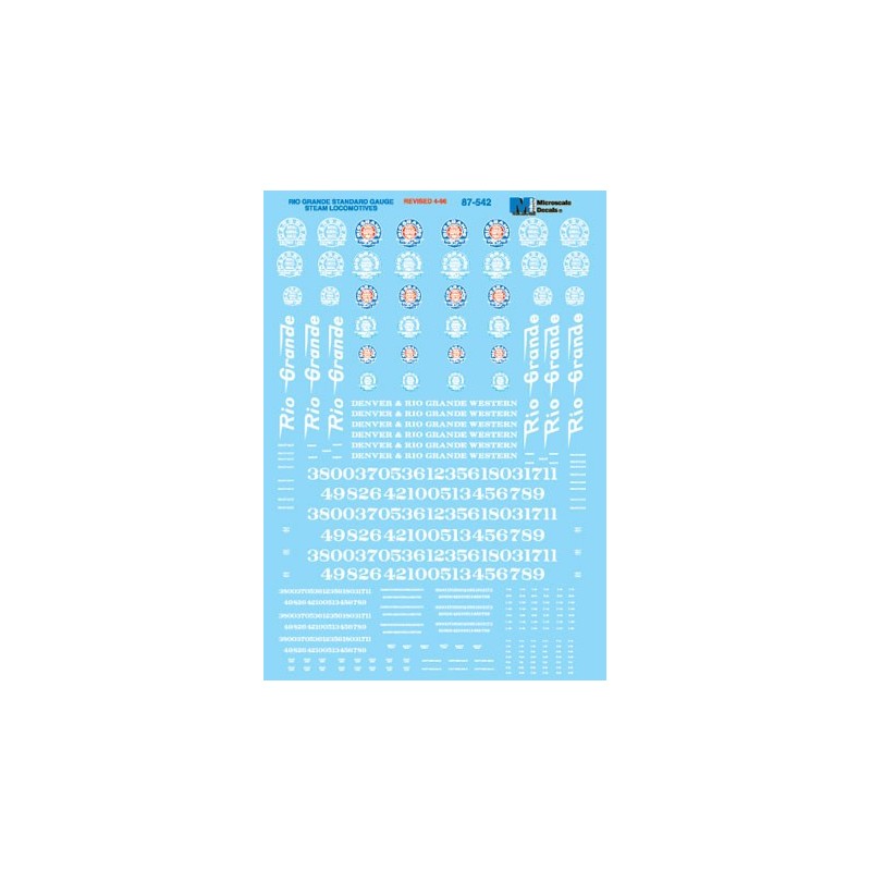 MICROSCALE DECAL 87-542 - DENVER & RIO GRANDE WESTERN STEAM LOCOMOTIVES - HO SCALE