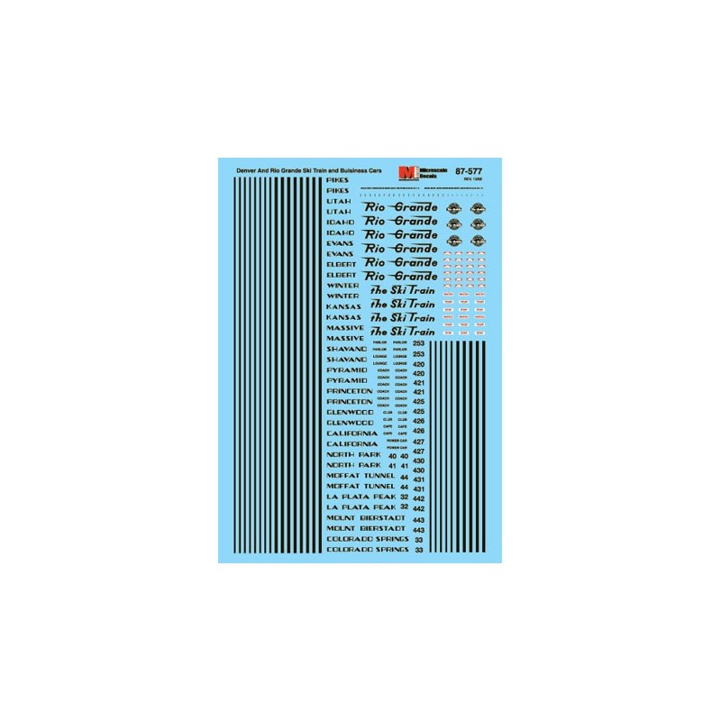 MICROSCALE DECAL 87-577 - DENVER & RIO GRANDE WESTERN SKI & BUSINESS CARS - HO SCALE