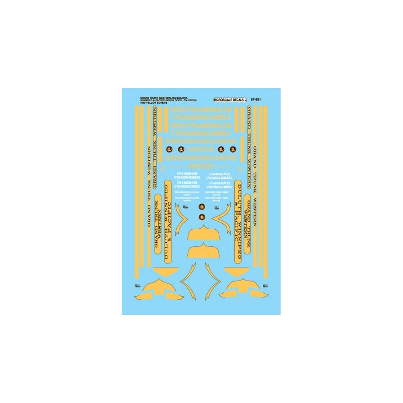 MICROSCALE DECAL 87-991 - DULUTH WINNIPEG & PACIFIC / GRAND TRUNK WESTERN DIESEL LOCOMOTIVES - HO SCALE