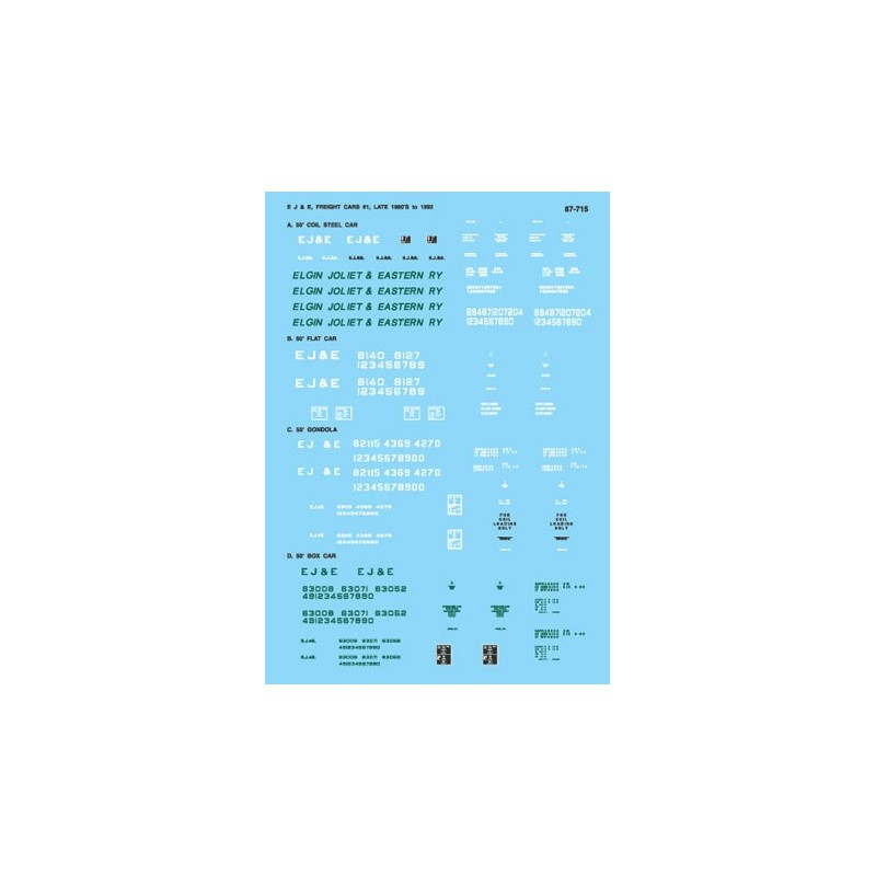 MICROSCALE DECAL 87-715 - ELGIN, JOLIET & EASTERN FREIGHT CARS - HO SCALE