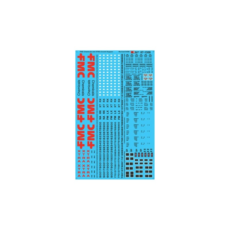 MICROSCALE DECAL 87-1308 - FMC CHEMICALS / XTRA COVERED HOPPERS - HO SCALE