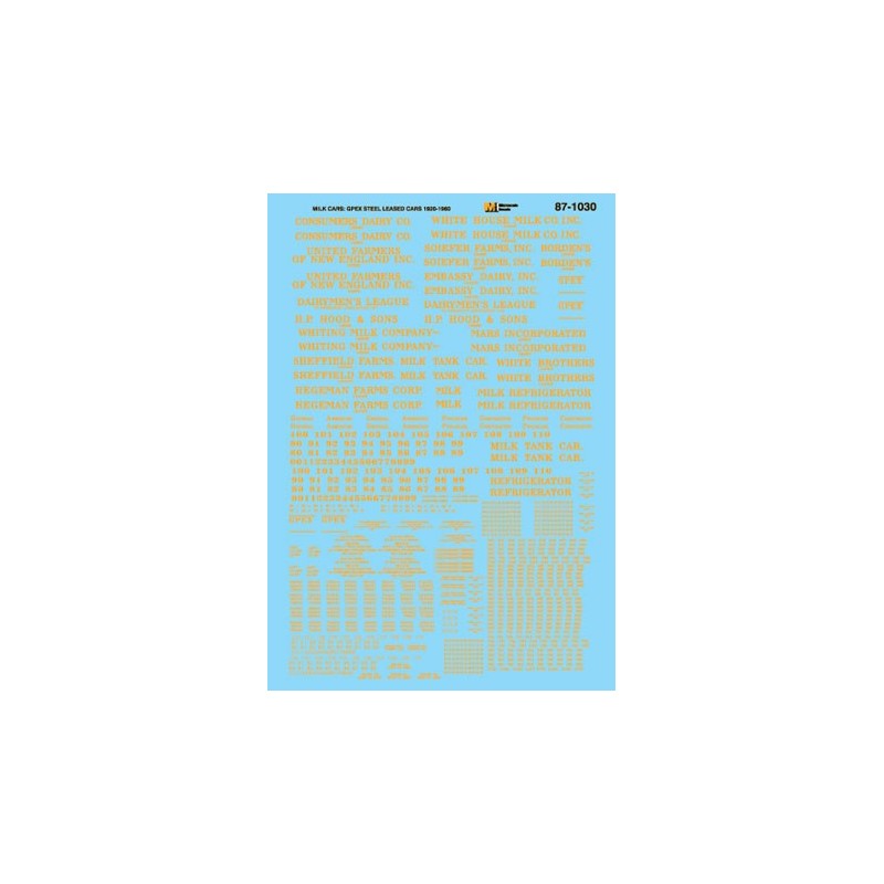 MICROSCALE DECAL 87-1030 - GENERAL AMERICAN PFAUDLER CORP MILK CARS - HO SCALE