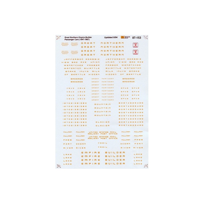 MICROSCALE DECAL 87-153 - GREAT NORTHERN EMPIRE BUILDER PASSENGER CARS - HO SCALE