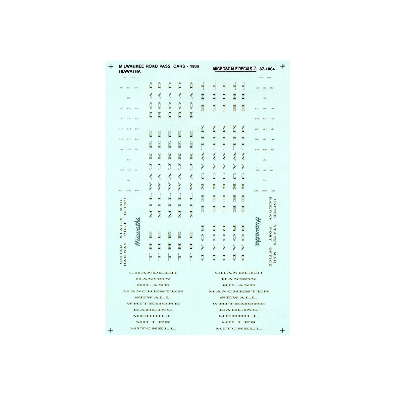 MICROSCALE DECAL 87-1004 - MILWAUKEE ROAD PASSENGER CARS - HO SCALE