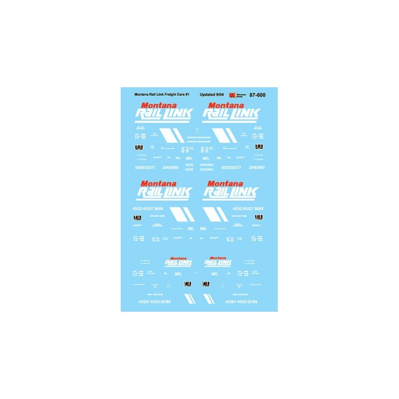MICROSCALE DECAL 87-600 - MONTANA RAIL LINK FREIGHT CARS - HO SCALE
