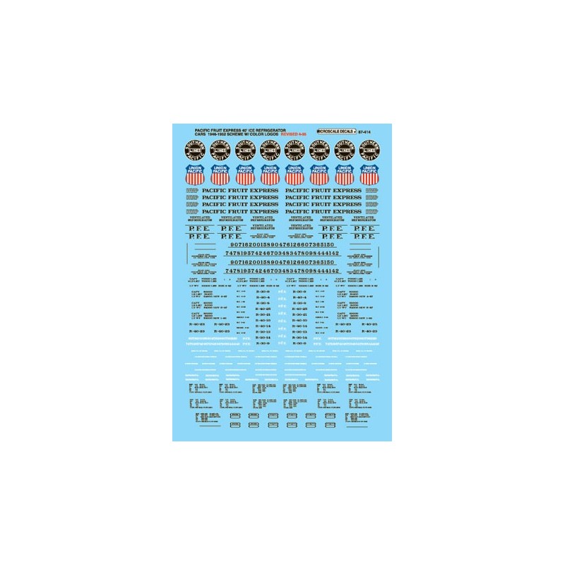 MICROSCALE DECAL 87-414 - PACIFIC FRUIT EXPRESS REEFERS - HO SCALE