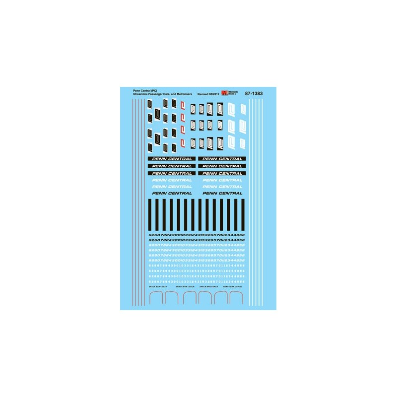 MICROSCALE DECAL 87-1383 - PENN CENTRAL PASSENGER CARS & METROLINERS - HO SCALE