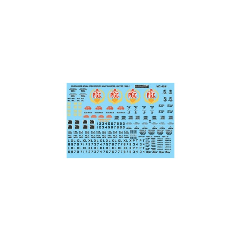 MICROSCALE DECAL MC-4291 - PRODUCER'S GRAIN CORPORATION 3 BAY COVERED HOPPERS - HO SCALE