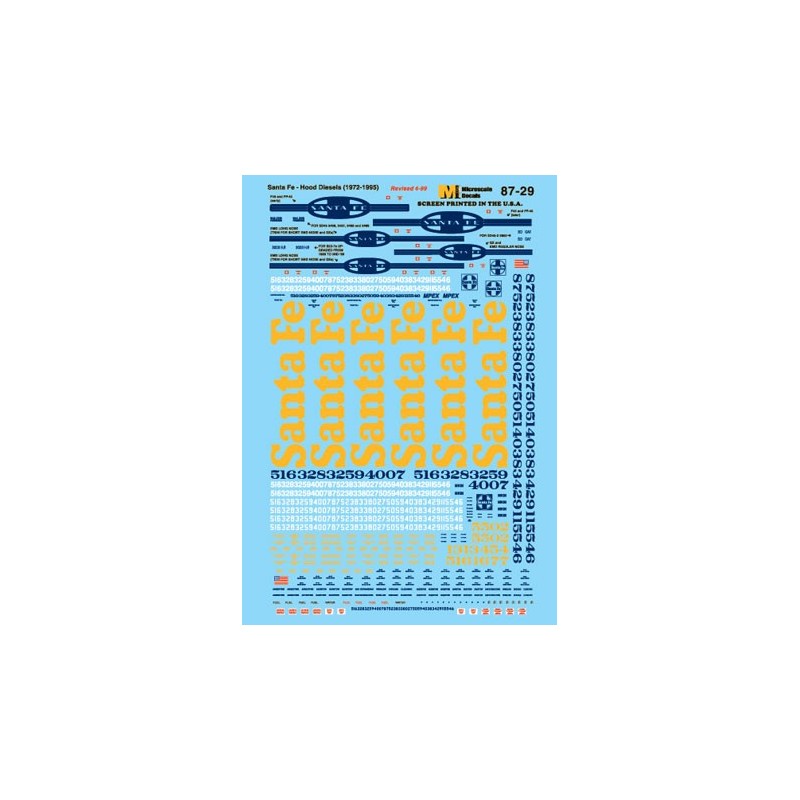 MICROSCALE DECAL 87-29 - SANTA FE DIESEL LOCOMOTIVES - HO SCALE
