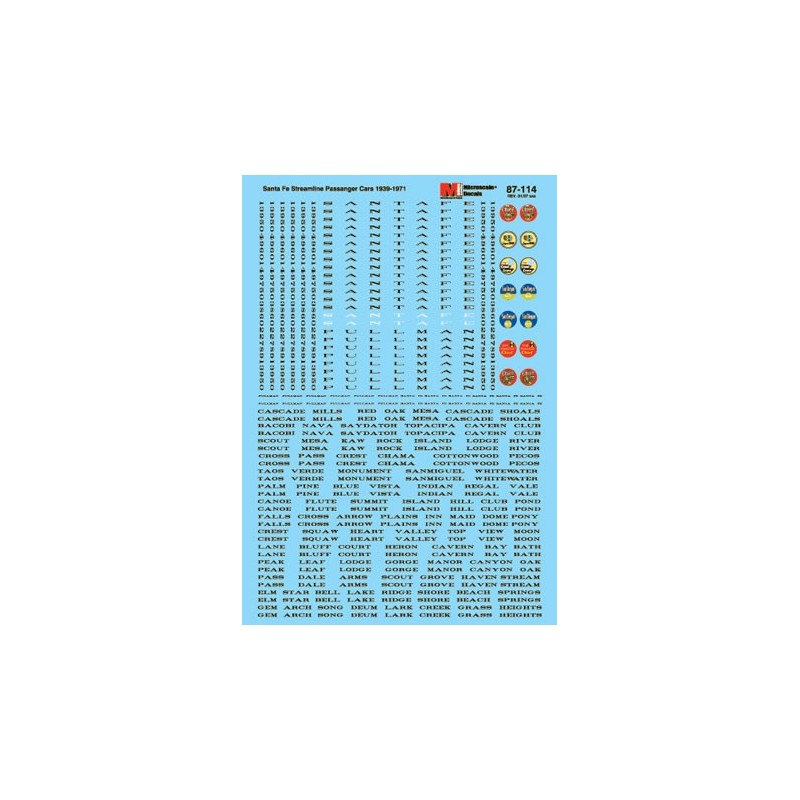 MICROSCALE DECAL 87-114 - SANTA FE PASSENGER CARS - HO SCALE