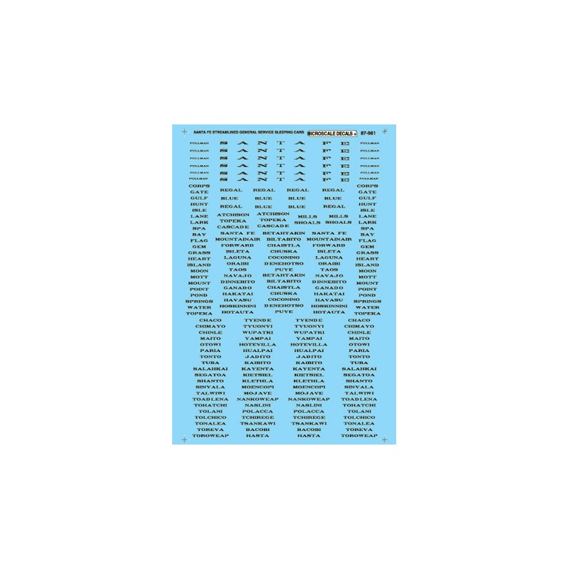 MICROSCALE DECAL 87-961 - SANTA FE PASSENGER CARS - HO SCALE