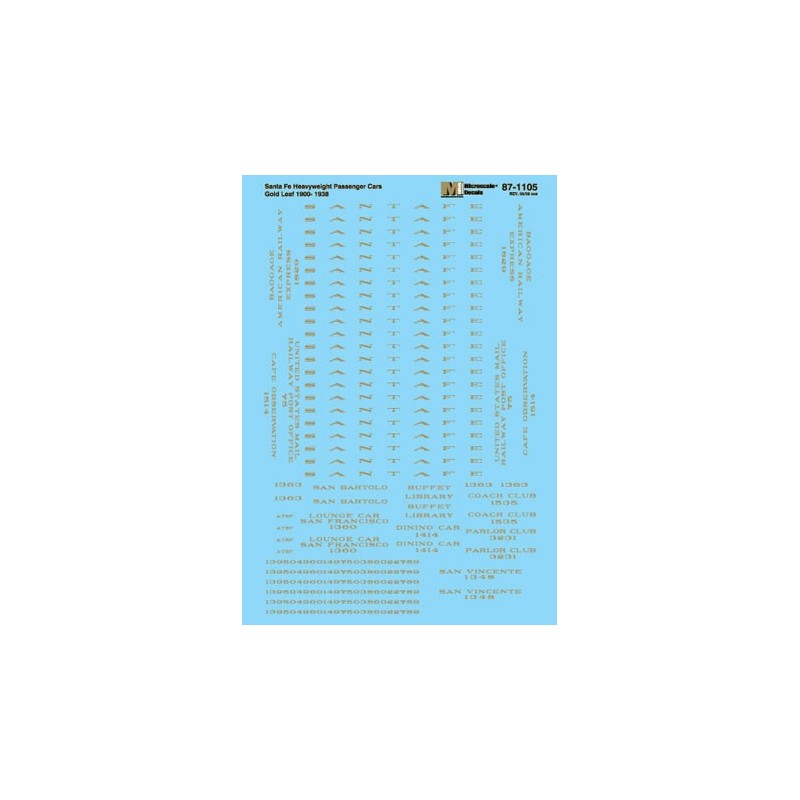 MICROSCALE DECAL 87-1105 - SANTA FE PASSENGER CARS - HO SCALE