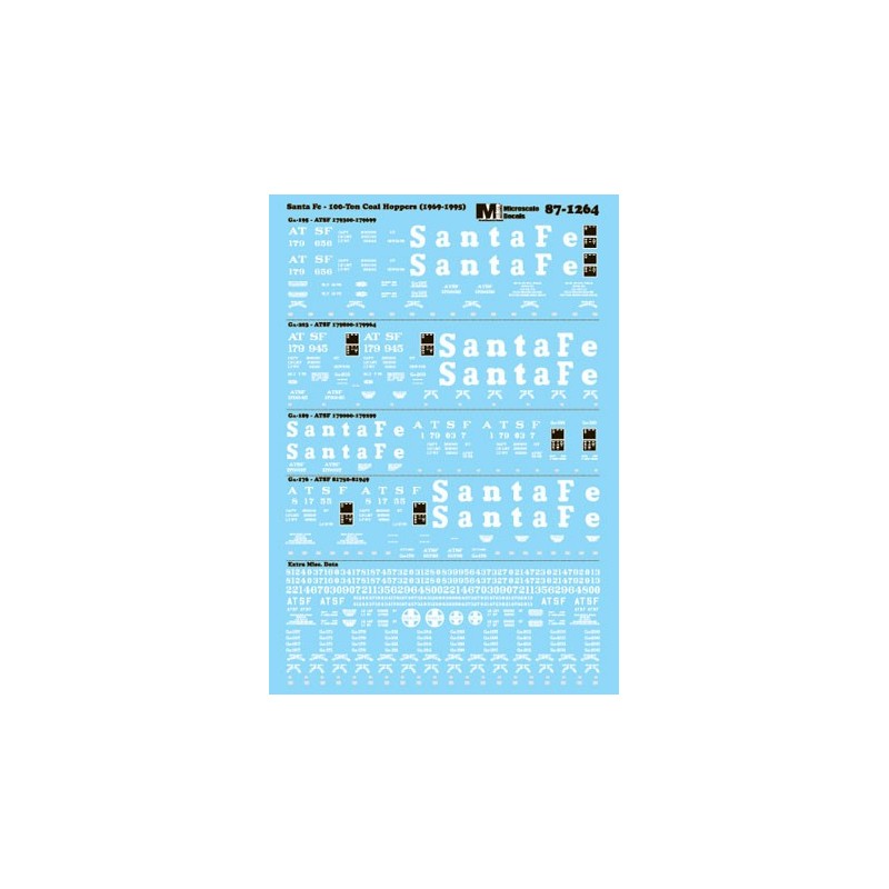 MICROSCALE DECAL 87-1264 - SANTA FE 100 TON HOPPERS - HO SCALE