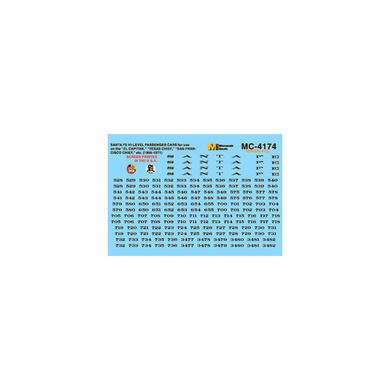 MICROSCALE DECAL MC-4174 - SANTA FE  PASSENGER CARS - HO SCALE