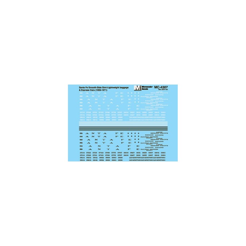 MICROSCALE DECAL MC-4307 - SANTA FE  PASSENGER CARS - HO SCALE