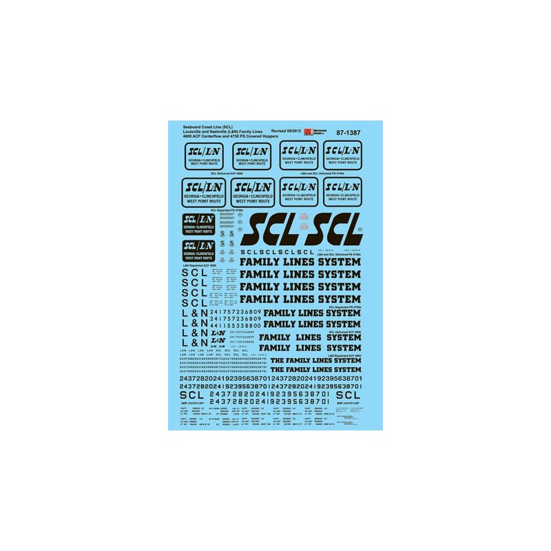 MICROSCALE DECAL 87-1387 - SEABOARD COAST LINE / LOUISVILLE & NASHVILLE / FAMILY LINES COVERED HOPPERS - HO SCALE