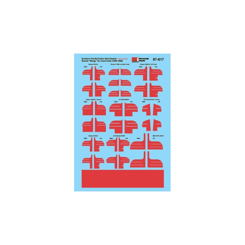MICROSCALE DECAL 87-617 - SOUTHERN PACIFIC / COTTON BELT DIESEL LOCOMOTIVE RED NOSE WINGS - HO SCALE