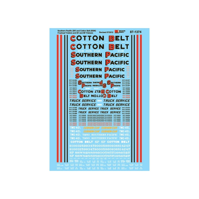 MICROSCALE DECAL 87-1374 - SOUTHERN PACIFIC / COTTON BELT FLAT CARS & TRAILERS - HO SCALE