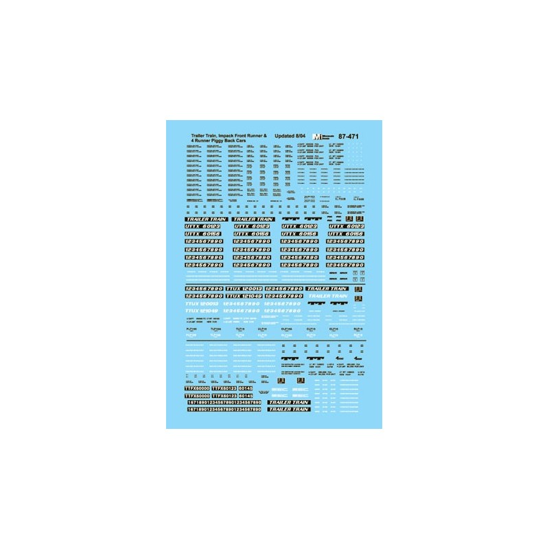 MICROSCALE DECAL 87-471 - TRAILER TRAIN  IMPACK & FRONT RUNNER CARS - HO SCALE