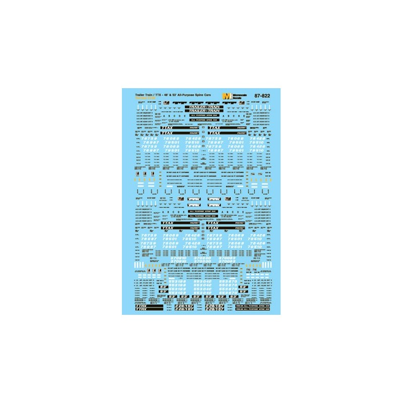 MICROSCALE DECAL 87-822 - TRAILER TRAIN / TTX ALL PURPOSE SPINE CARS - HO SCALE