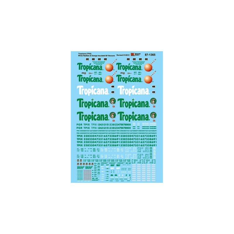 MICROSCALE DECAL 87-1365 - TROPICANA 60' INSULATED BOXCARS - HO SCALE