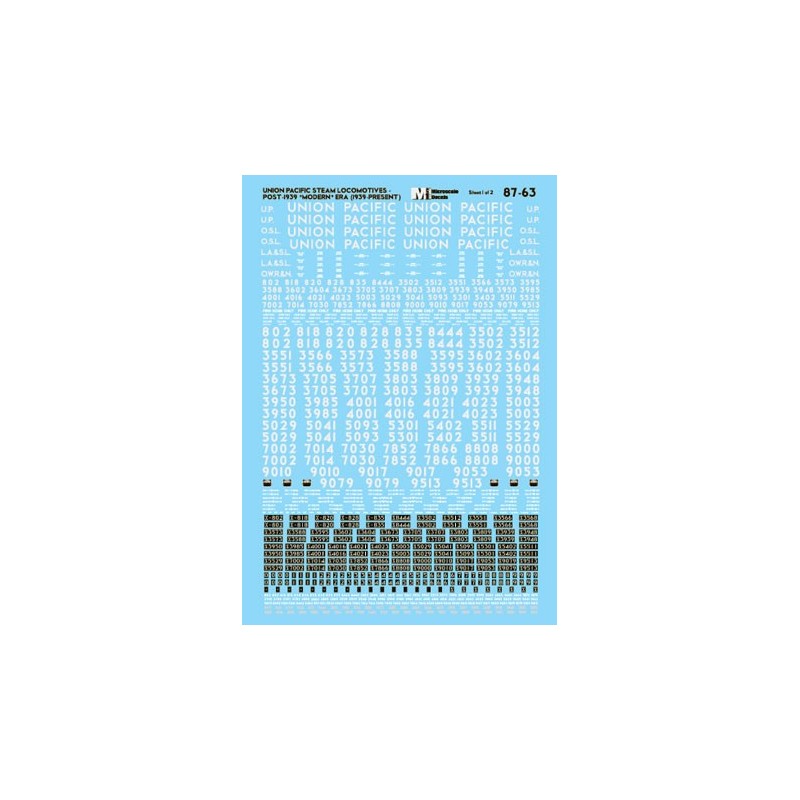 MICROSCALE DECAL 87-63 - UNION PACIFIC STEAM LOCOMOTIVES - HO SCALE