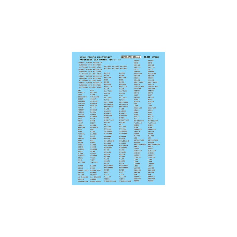 MICROSCALE DECAL 87-635 - UNION PACIFIC PASSENGER CAR NAMES - HO SCALE