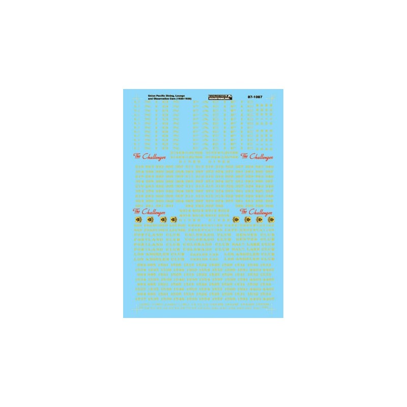 MICROSCALE DECAL 87-1087 - UNION PACIFIC PASSENGER CARS - HO SCALE