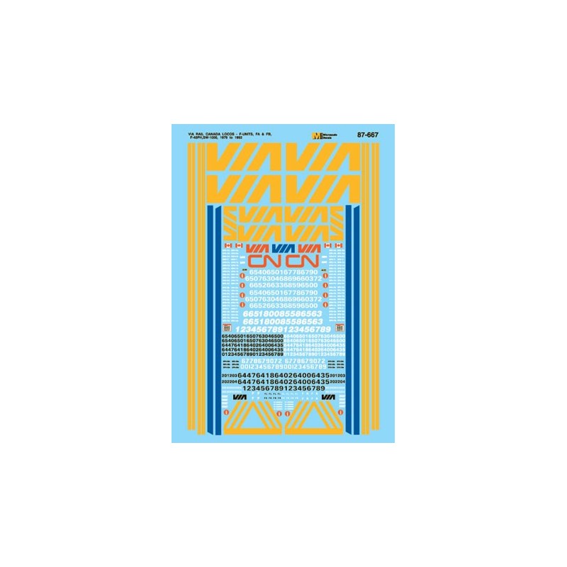 MICROSCALE DECAL 87-667 - VIA RAIL DIESEL LOCOMOTIVES - HO SCALE