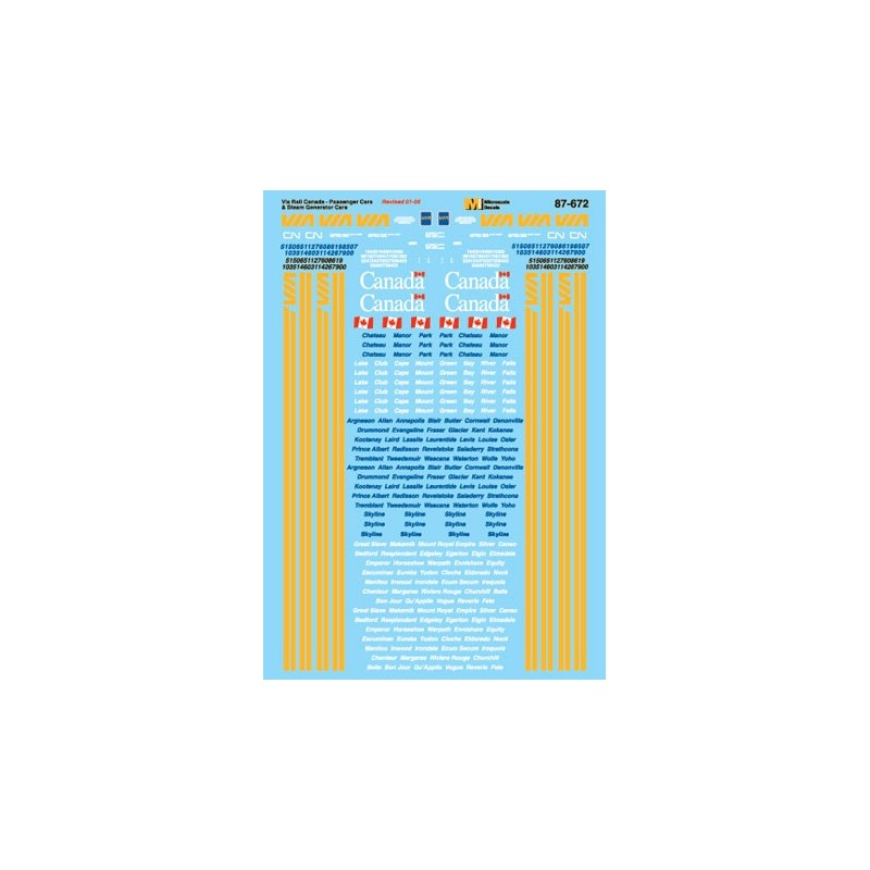 MICROSCALE DECAL 87-672 - VIA RAIL PASSENGER CARS - HO SCALE