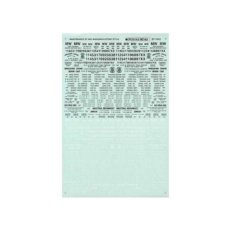 MICROSCALE DECAL 87-1012 - MAINTENANCE OF WAY MARKINGS - GOTHIC - BLACK & WHITE - HO SCALE