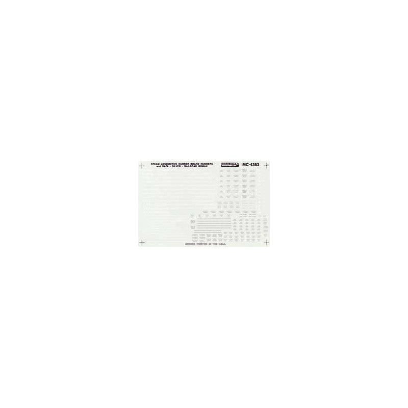MICROSCALE DECAL MC-4353 - STEAM LOCOMOTIVE DATA AND NUMBER BOARDS - RAILROAD ROMAN - SILVER - HO SCALE