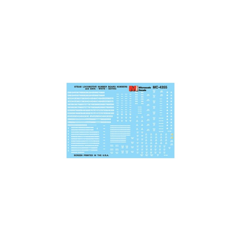 MICROSCALE DECAL MC-4355 - STEAM LOCOMOTIVE DATA AND NUMBER BOARDS - RAILROAD GOTHIC - WHITE - HO SCALE