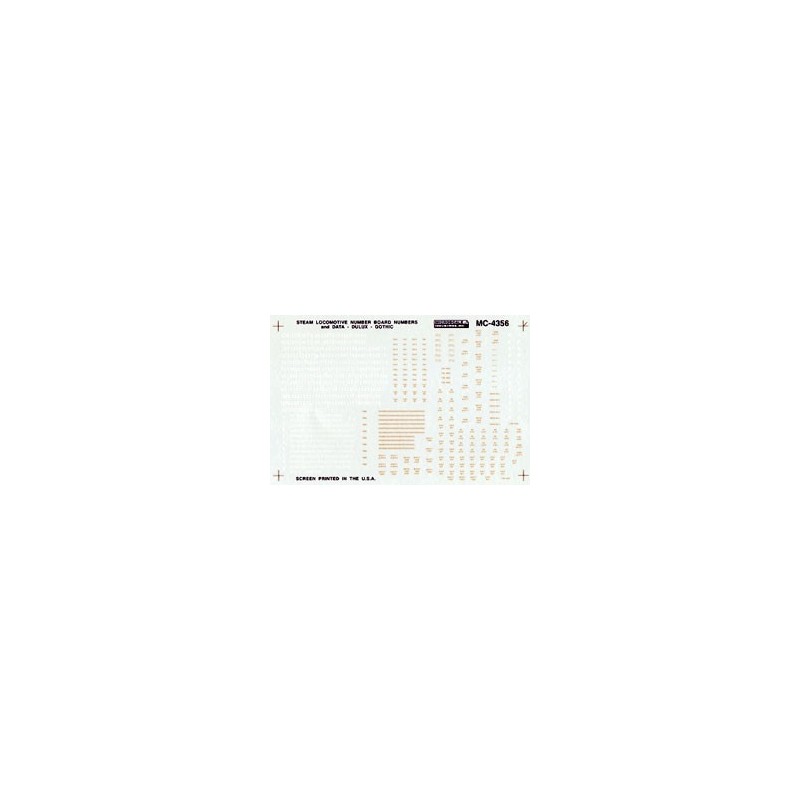 MICROSCALE DECAL MC-4356 - STEAM LOCOMOTIVE DATA AND NUMBER BOARDS - RAILROAD GOTHIC - DULUX GOLD - HO SCALE