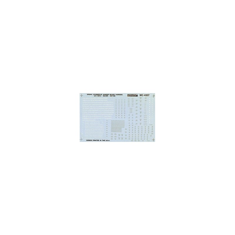 MICROSCALE DECAL MC-4357 - STEAM LOCOMOTIVE DATA AND NUMBER BOARDS - RAILROAD GOTHIC - SILVER - HO SCALE