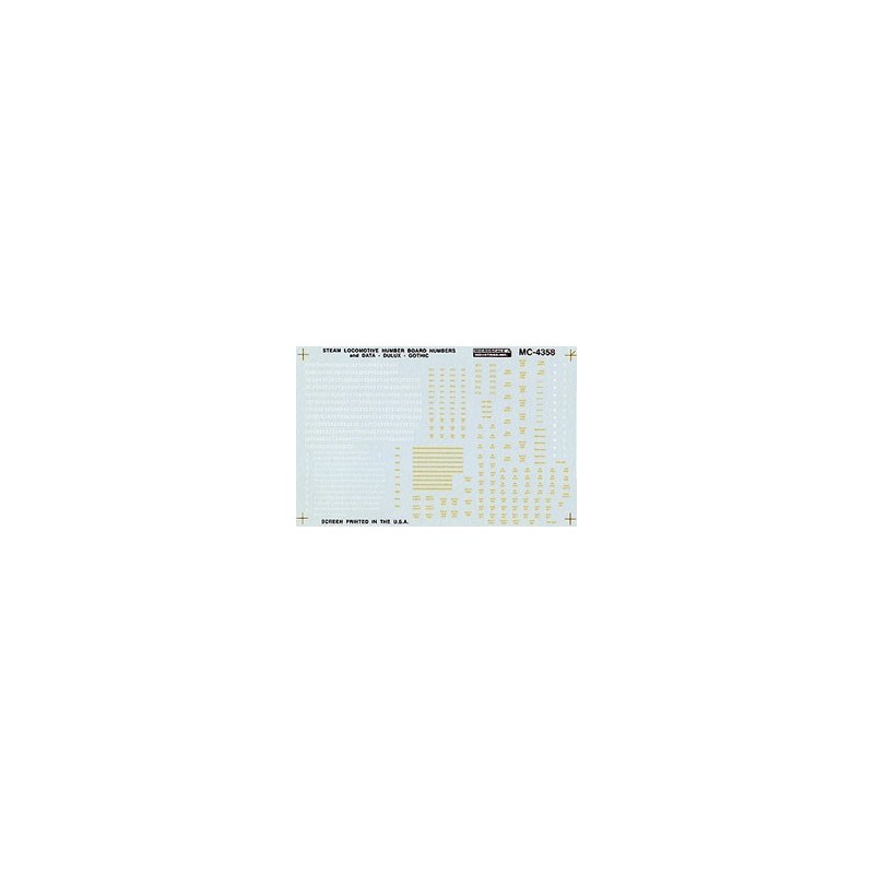 MICROSCALE DECAL MC-4358 - STEAM LOCOMOTIVE DATA AND NUMBER BOARDS - RAILROAD GOTHIC - YELLOW - HO SCALE