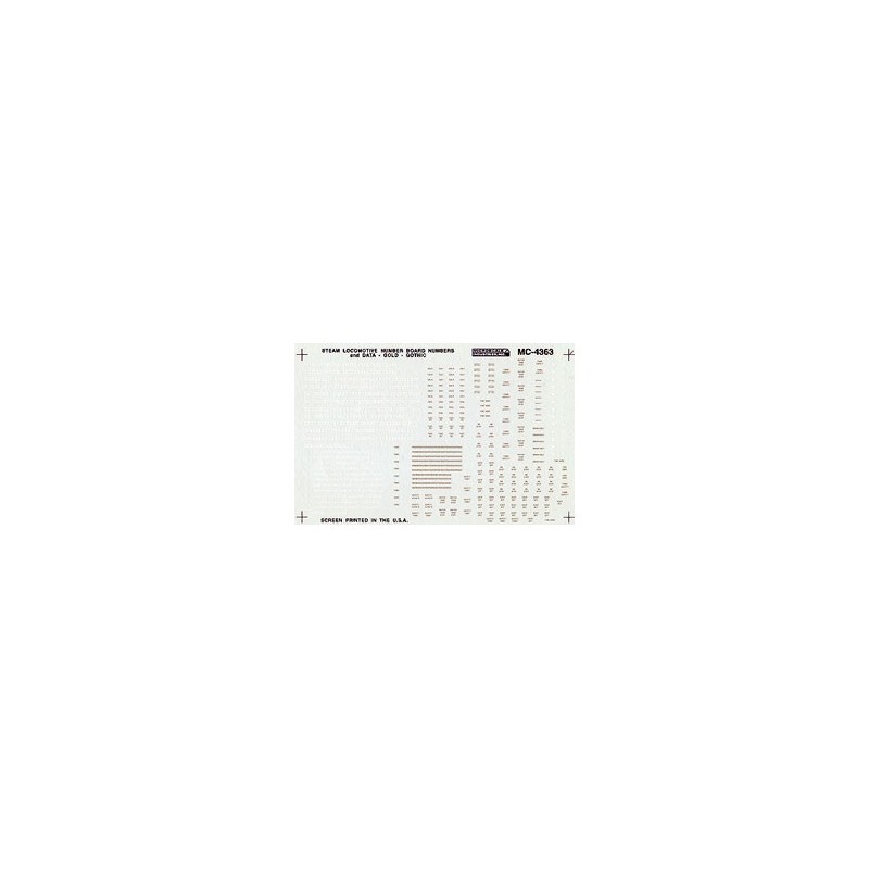MICROSCALE DECAL MC-4363 - STEAM LOCOMOTIVE DATA AND NUMBER BOARDS - RAILROAD GOTHIC - GOLD - HO SCALE