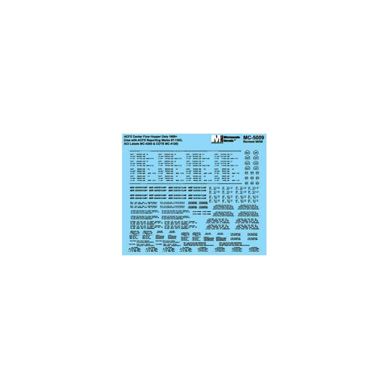 MICROSCALE DECAL MC-5009 - ACFX CENTERFLOW HOPPERS - 4650, 5250 & 5701 CUFT DATA - HO SCALE