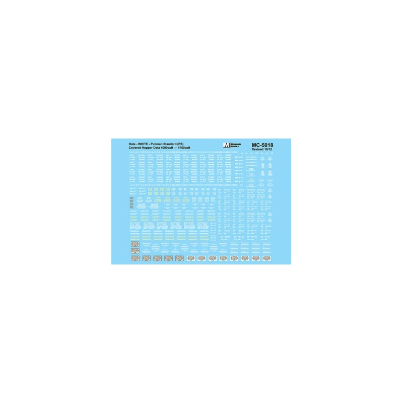 MICROSCALE DECAL MC-5018 - PULLMAN STANDARD COVERED HOPPER 4750 CUFT DATA - WHITE - HO SCALE