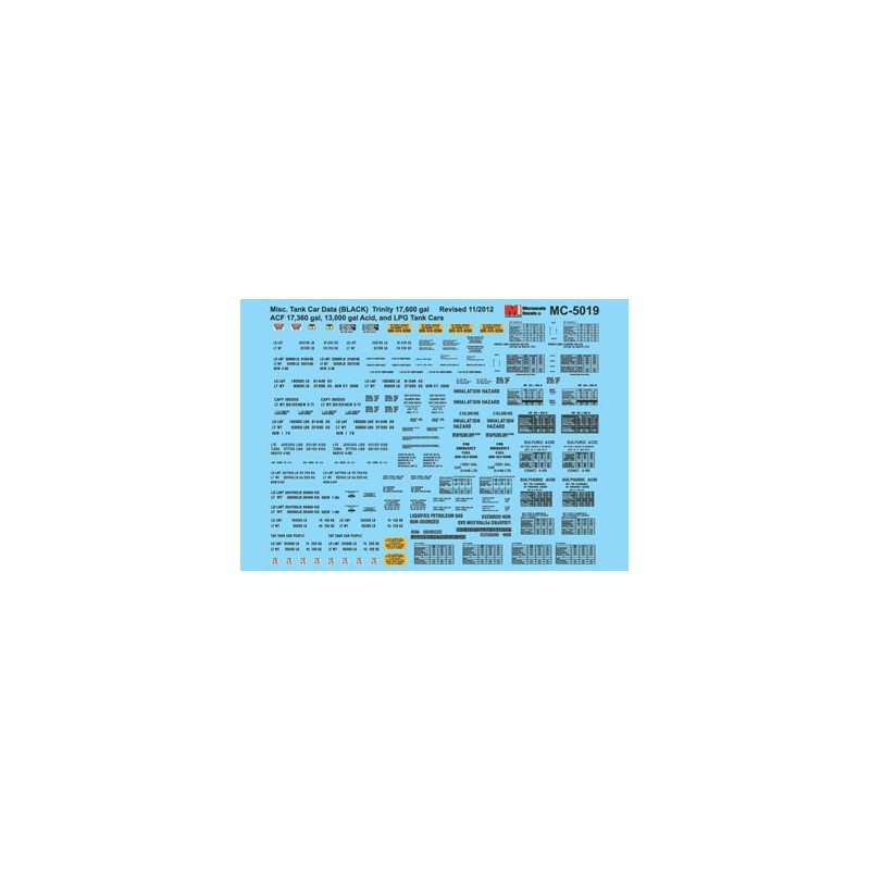 MICROSCALE DECAL MC-5019 - TANK CAR DATA - TRINITY 17,600 GAL., ACF 17,360 GAL., 13000 GAL. ACID & LPG TANK CARS - BLACK - HO SC