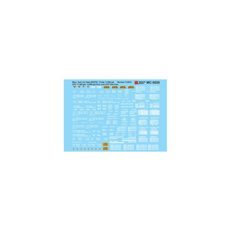 MICROSCALE DECAL MC-5020 - TANK CAR DATA - TRINITY 17,600 GAL., ACF 17,360 GAL., 13000 GAL. ACID & LPG TANK CARS - WHITE - HO SC