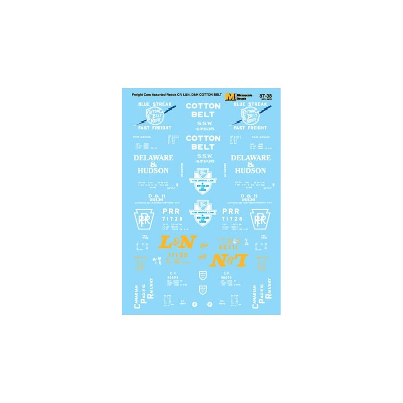 MICROSCALE DECAL 87-38 - ASSORTED BOXCARS - SSW, CP, PRR, L&N, D&H - HO SCALE