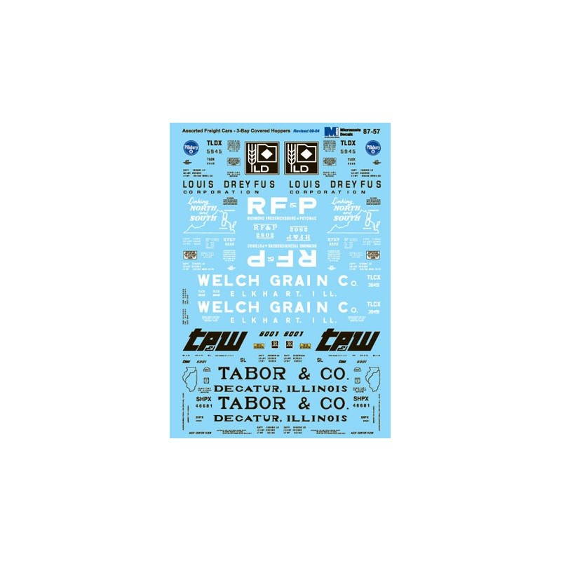 MICROSCALE DECAL 87-57 - ASSORTED COVERED HOPPERS - RF&P, LOUIS DREYFUS, WELCH GRAIN, TABOR & CO. - HO SCALE