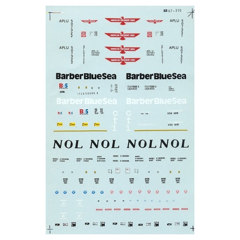 MICROSCALE DECAL 87-310 - ASSORTED CONTAINERS - AMERICAN PRESIDENTS LINE, BARBER BLUE SEA & NOL - HO SCALE